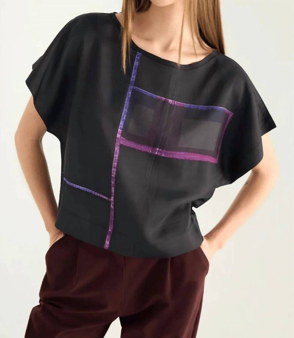 NEW COTELAC cap sleeves raw-edged boat neckline top in graphic patchwork